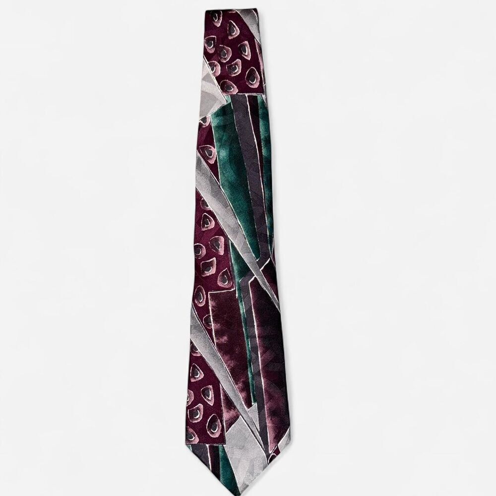 Burgundy Green and Grey Geometric 1980s J. T. Beckett Neck Tie